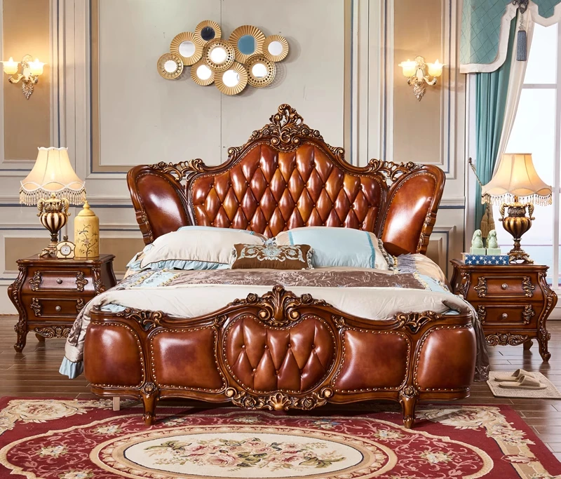 *&Retro European Leather Bedroom Wedding Bed Luxury Villa Solid Wood French Soft Package American Master Bedroom Bed
