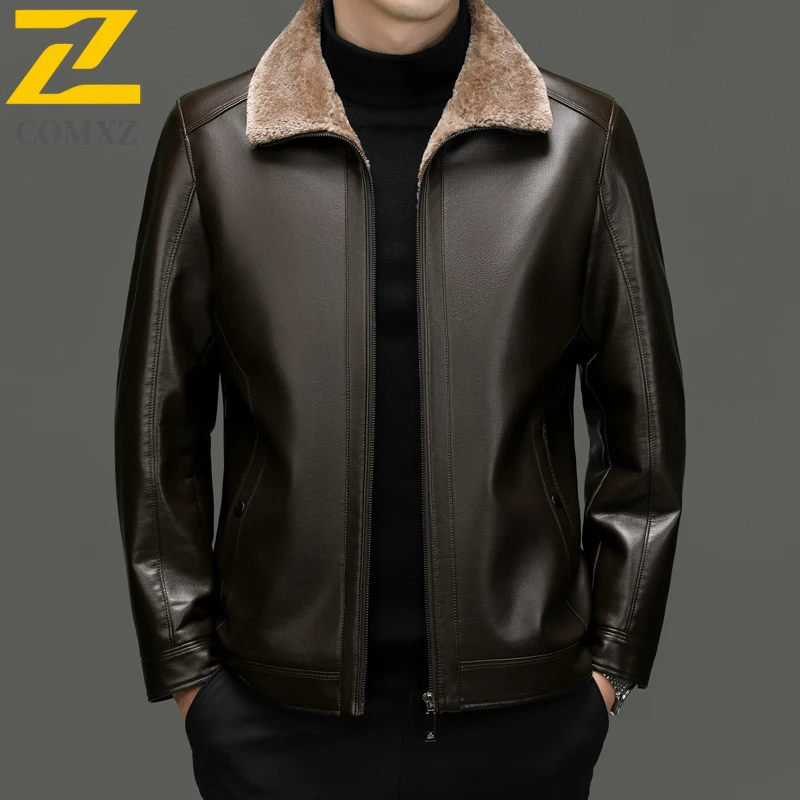 Man PU Leather Jacket 2025 Brand Luxury  Fleece Lined Thickened Warm Outerwear High Fashion Business Casual Winter Leather Coat