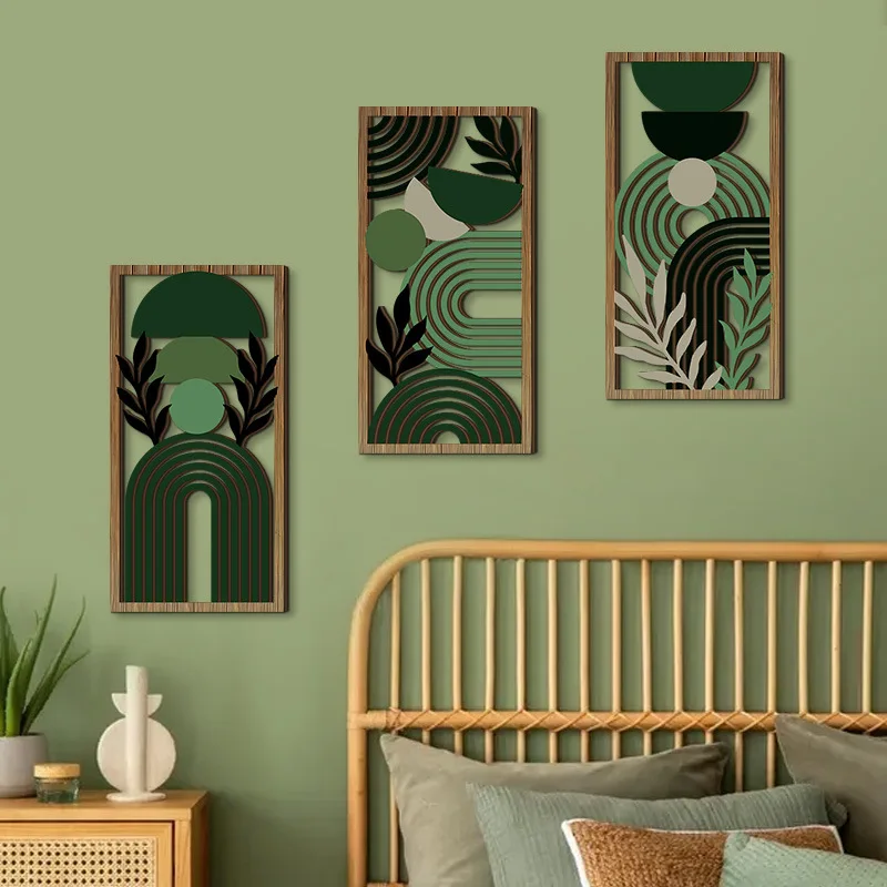 3Pcs Boho Wooden Wall Art Set Abstract Geometric Leaf Wood Wall Decor Framed Carved Wall Hanging for Bedroom Home Decor