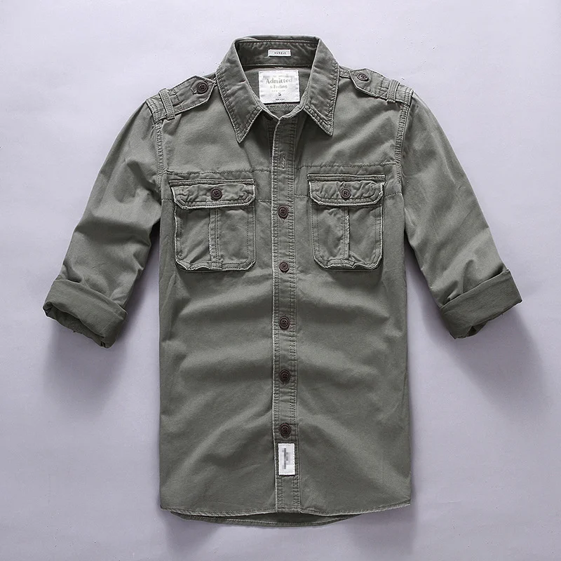 Washed Cotton Men\'s Shirts Jacket Spring Autumn Button Down Workwear Thin Jacket With Chest Pockets Safari Style Outwear Coats