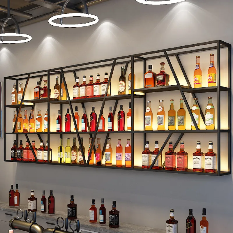 Wrought iron bar wall hanging wine rack wall creative decoration bar restaurant hanging cup holder luminous red cabinet