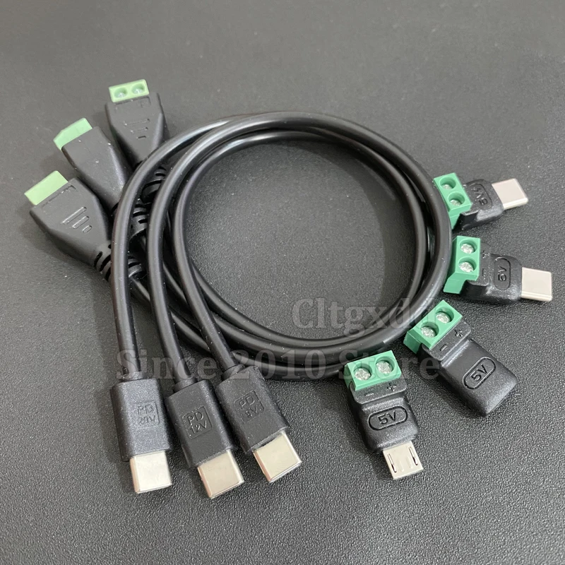 Solderless Plug Micro USB Type-C to 2Pin Terminal Adapter Type-C to 2 Pin Screw Crimp Terminal Block 5V 9V12V20V Cable Charging