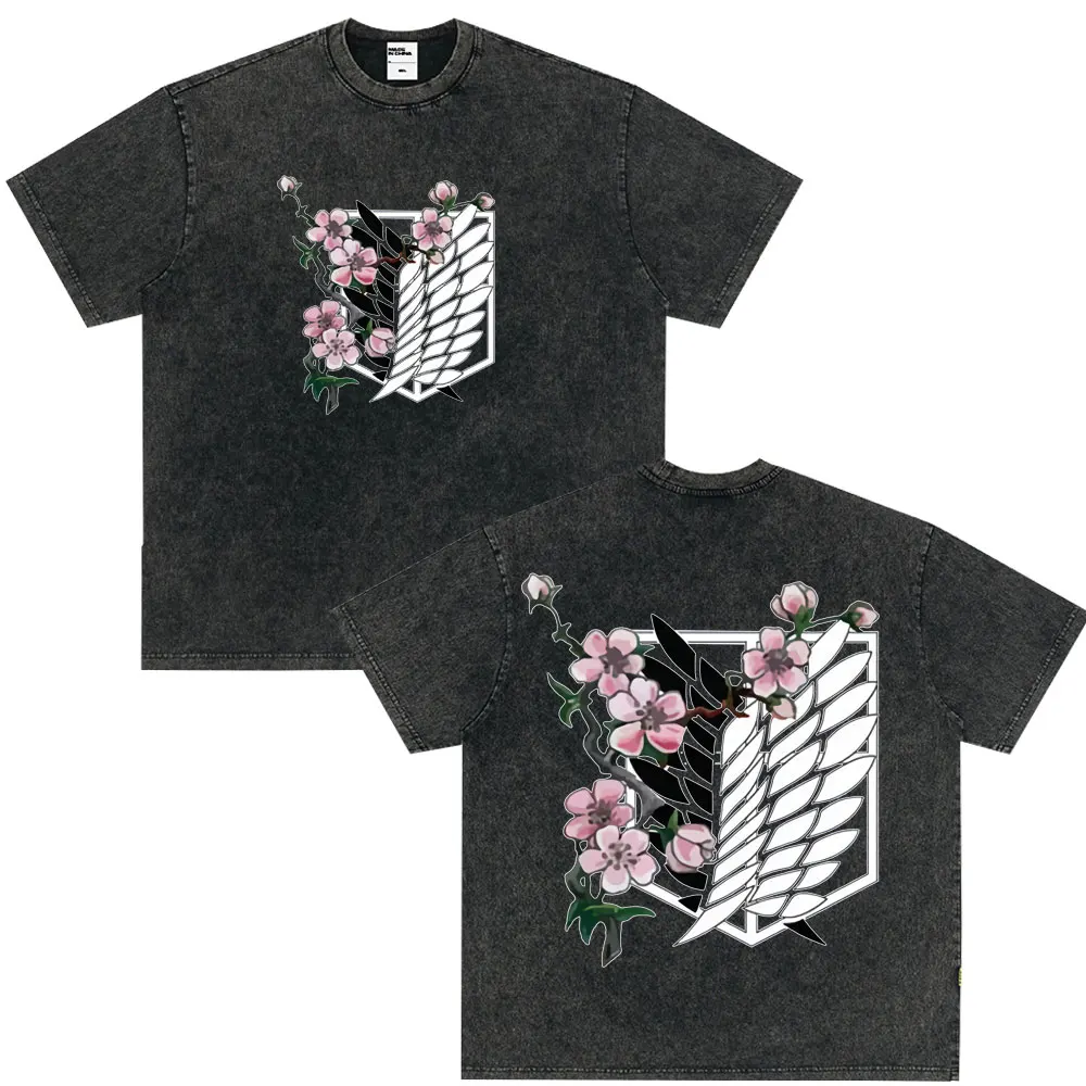 

Hot Sale Style Women Tees Anime Attirtsack on Titan Washed T-shirt Ackerman Mikasa Eren Jaeger Cherry Blossom Graphics Logo Tops