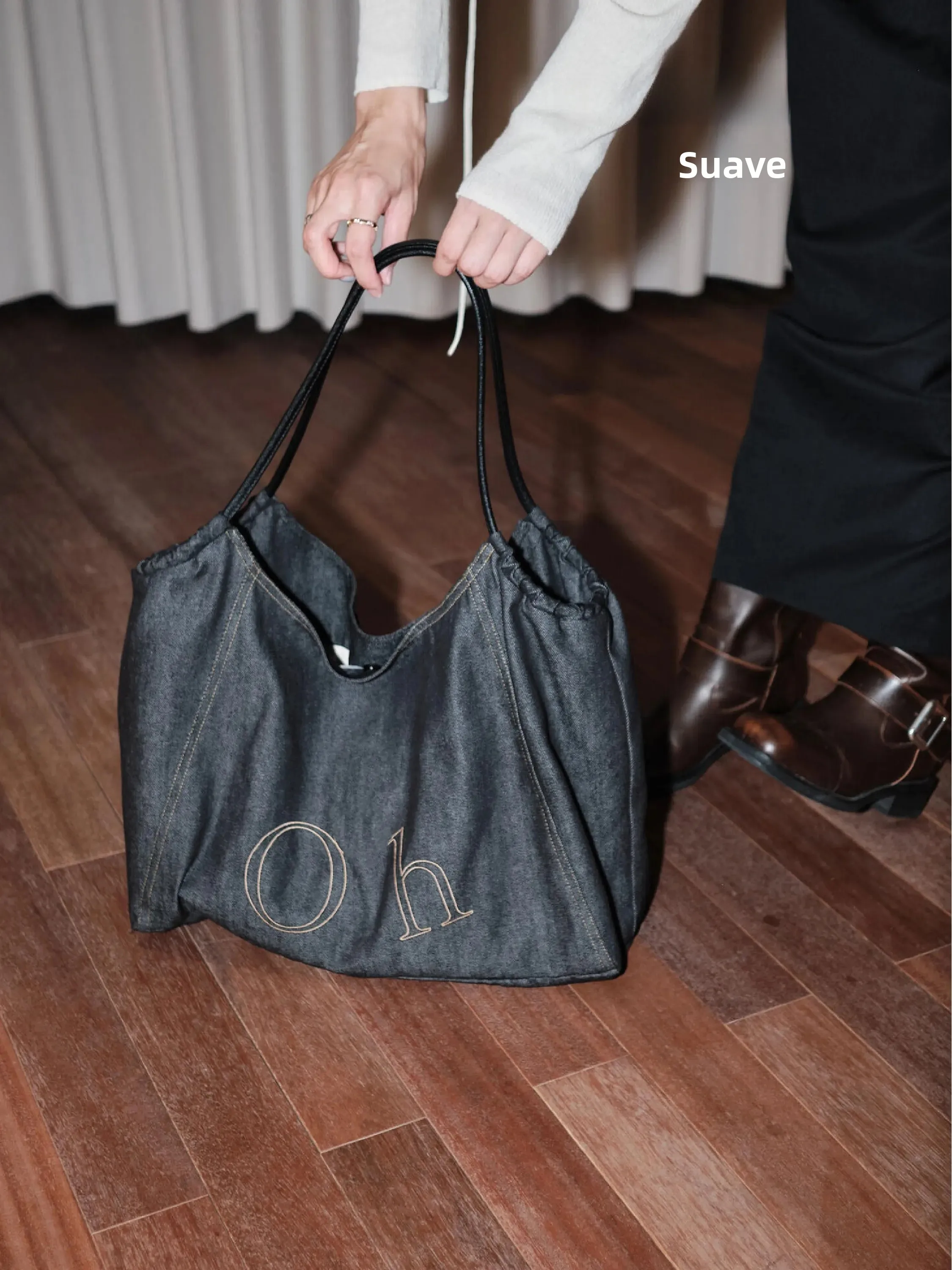 Bolsa Tote de Denim Retro Estilo Lazy UZOE, Grande Capacidade, Bolsa de Ombro Casual Chic com Fecho Magnético, Bolsa de Lona