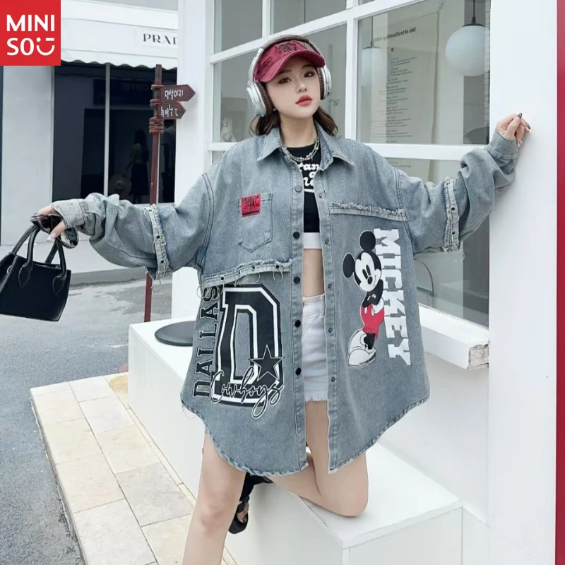 

Disney 2025 Denim Shirt, Heavy Duty Ring Top, Asymmetrical Letter Blouse for Women