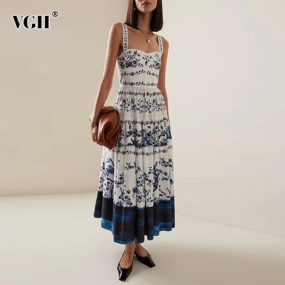 

VGH Colorblock Print Patchwork Lace Up Mid Dresses for Women Square Collar Sleeveless High Waist Slim Summer Dress Female Style
