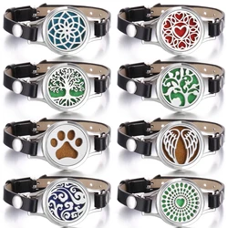 Black PU Leather Tree of Life Aromatherapy Bracelets Essential Oil Diffuser Perfume Bracelet Aroma Diffuser Locket Jewelry