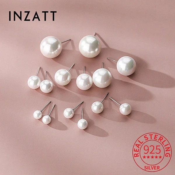 

INZATT Real 925 Sterling Silver Round Pearl Stud Earrings For Women Classic Fine Jewelry Minimalist Geometryic Accessories