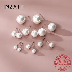 INZATT Real 925 Sterling Silver Round Pearl Stud Earrings For Women Classic Fine Jewelry Minimalist Geometryic Accessories