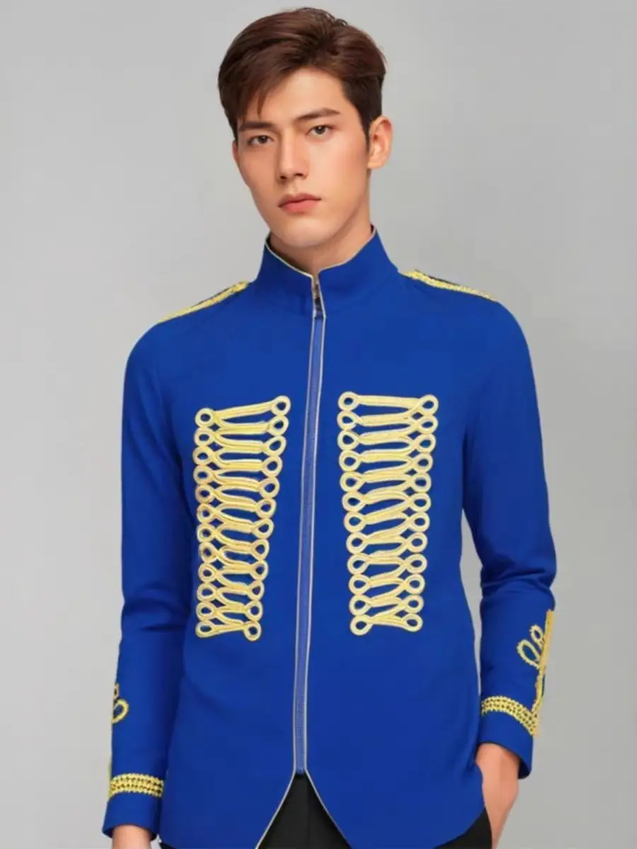 Chinese Style Gold Rope Lace Decoration Suit Jacket Wedding Host Stage Outfit Male Singer Performance Clothing Model Photo