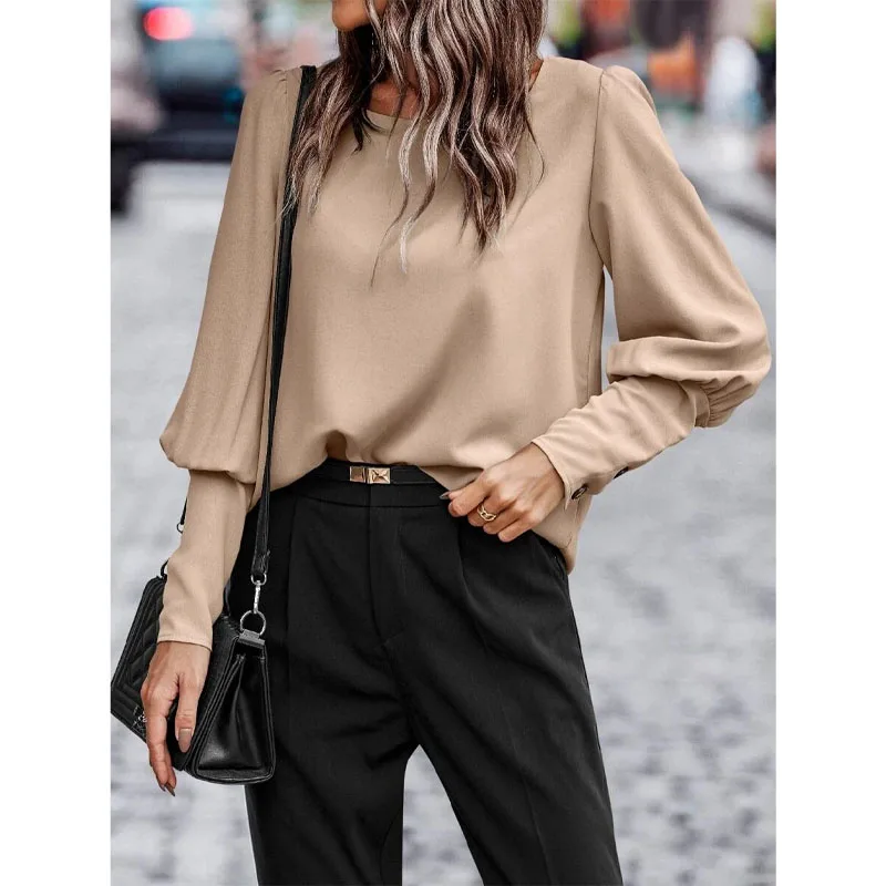 2023 New Autumn Fashion Talent Temperament Casual Solid Color Shirt Casual Loose Commuter Lantern Sleeve Button Women\'s Top