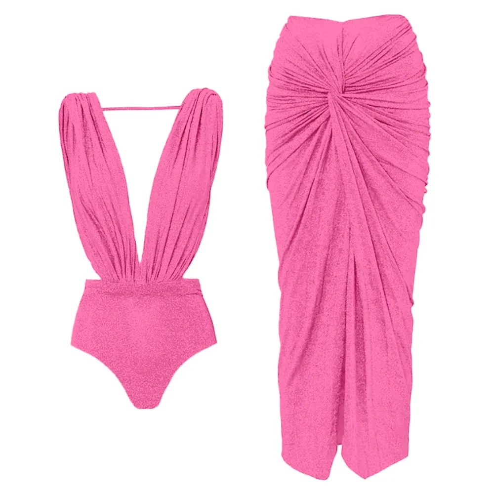 V Neck Shiny Swimsuit With Cover Up Sexy Swimwear Women 2025 Off Shoulder Swim Suits Female Sliming Bodysuit Chic Beachwear Dres