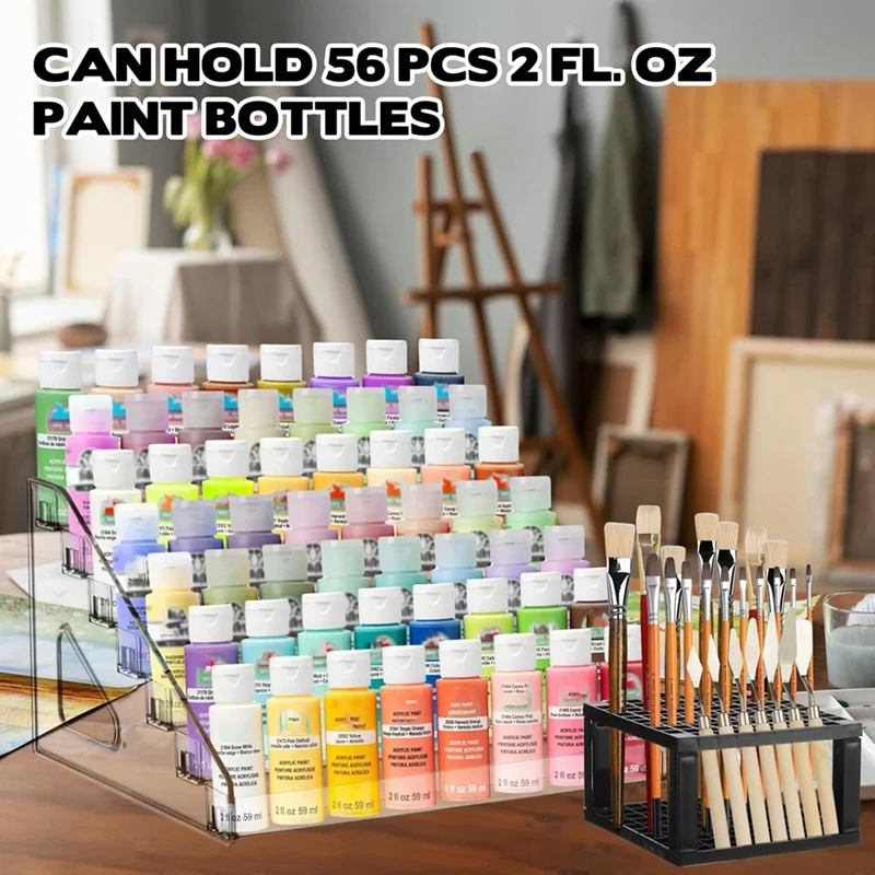 2Pcs Clear Paint Storage Box With Paint Brush Holder, 7 Craft Paint Storage Rack, Miniature Paint Rack For Paint Storage