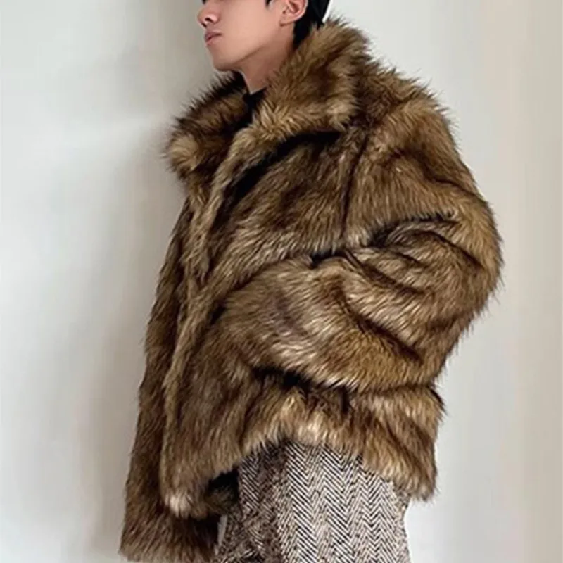 2025 معطف الفرو الاصطناعي الشتاء سميكة الدافئة شعر أشعث فو الراكون معطف الفرو رجل طويل الأكمام عالية الجودة الفاخرة رقيق سترة