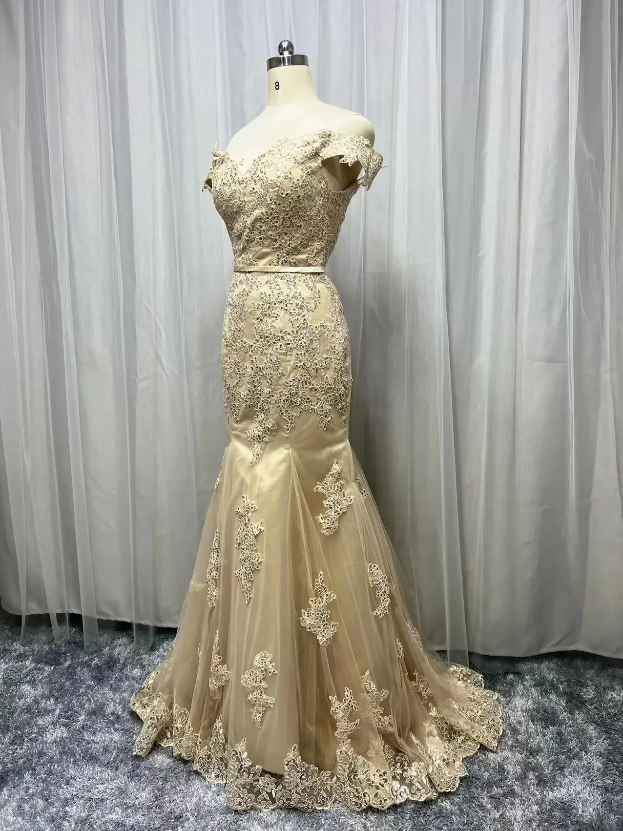 

Real Photo Champagne Mermaid Evening Dresses Party Gowns Vestidos De Festa Off Shoulder Sweetheart Applique Formal Prom Dress