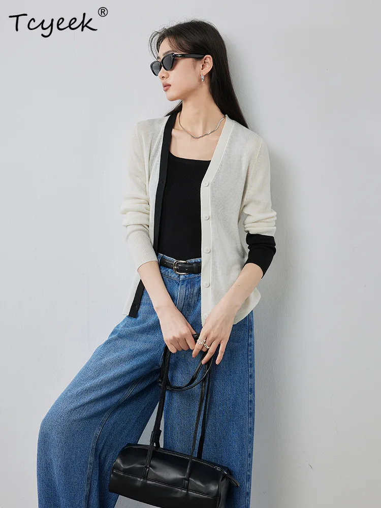 

Tcyeek, 32.4% Wool Blended Elegant Cardigans, Women Contrast Color VNeck, Fashion Casual Knit Jackets, Autumn Winter C48142QM