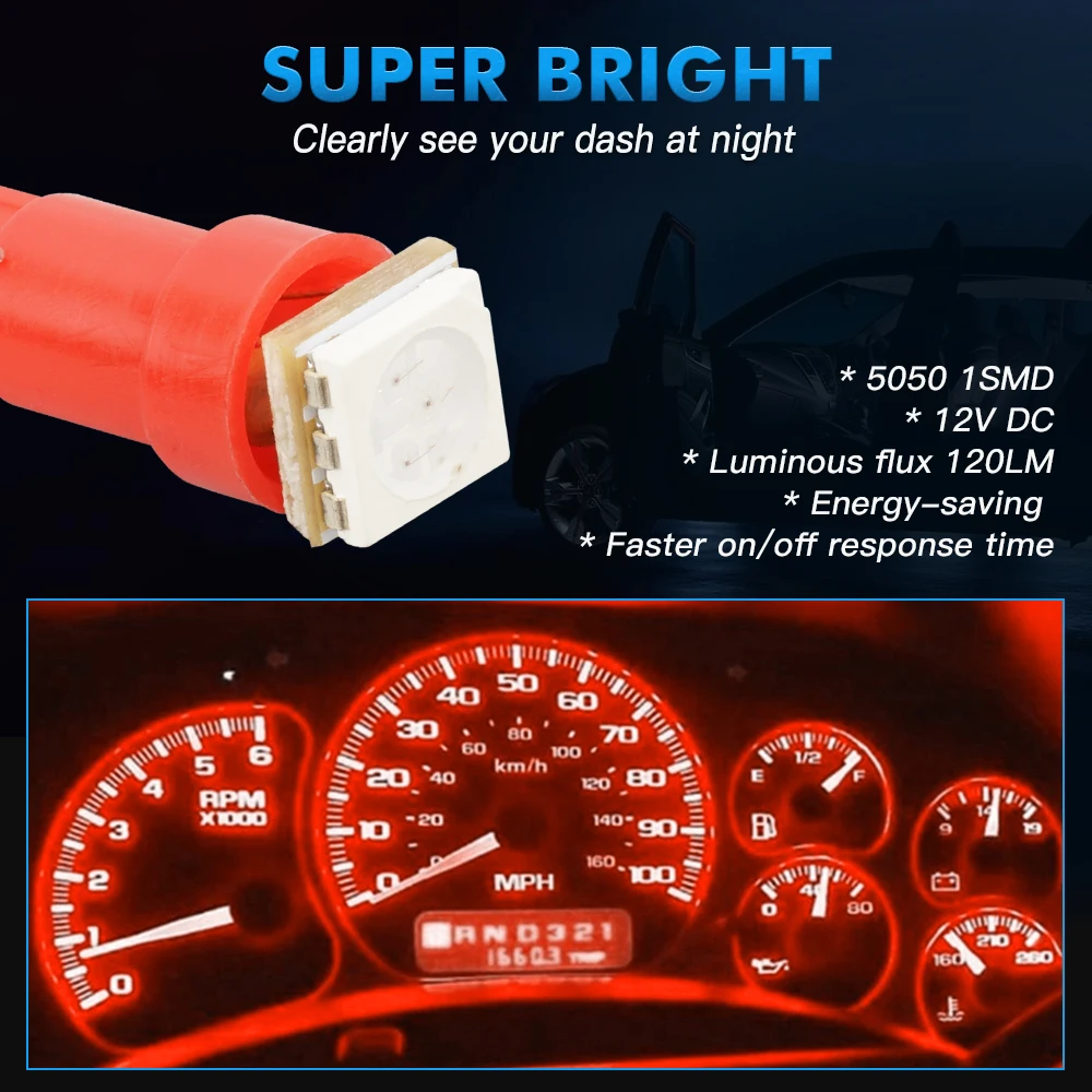 10Pcs T5 LED Wedge Bulb Car Speedometer Gauge Cluster Dash Light Instrument Dashboard Warning Indicator Lamp 12V White Red Light