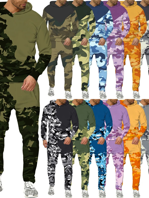 

Men's Camo Printed Long Sve Sweatirt Set Casual Sportswear Spring Collection Youth Size Comfortable Fit Hoodie And Pants