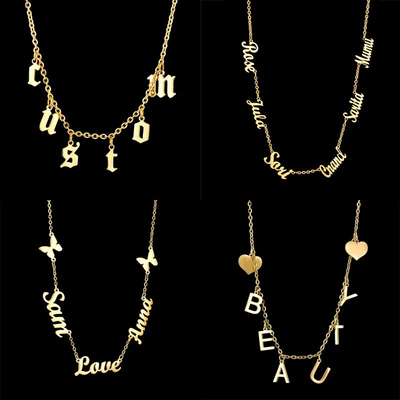 Acheerup Custom 1-6 Namen Ketting Voor Vrouwen Rvs Vlinder Zirkoon Meerdere Brief Cubic Hanger Sieraden Gift