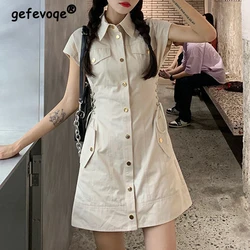 Sexy Vintage Bandage Single Breasted Slim Dresses for Women 2024 Summer Fashion Solid Short Sleeve Cargo Mini Dress Y2K Vestidos