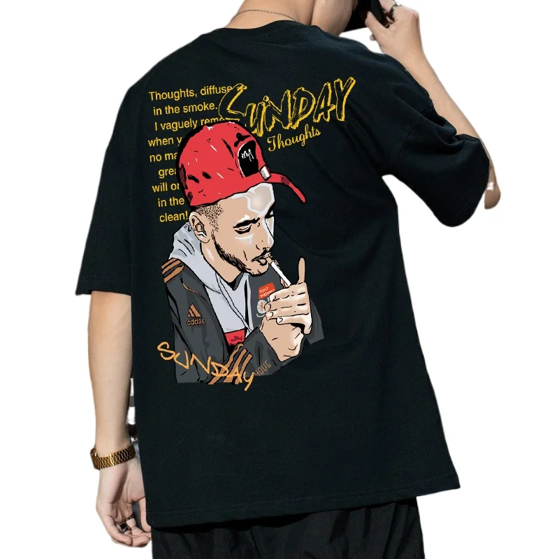 

Large Print on the Back of Motorcycle Hip-Hop Personality Harajuku Style Pure Cotton Five-Point Short-Sleeved Men's Summer