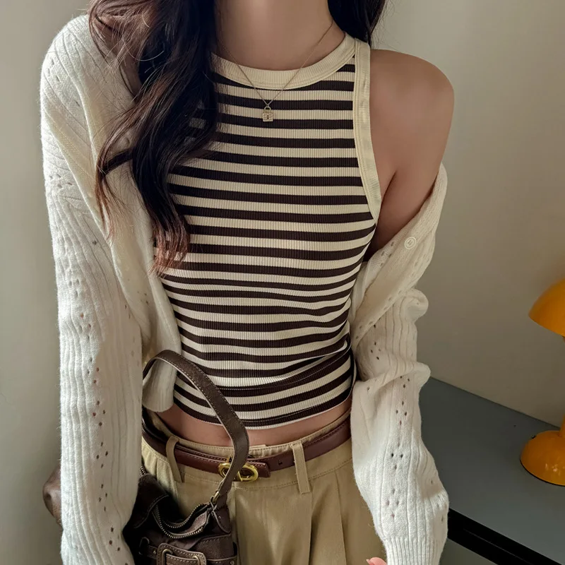Korean Style Slim Womens Stripe Vest Soft Summer Outfits Beauty Back Tank Top Sleeveless Bottom Tops  Breathable Y2K Outerwear