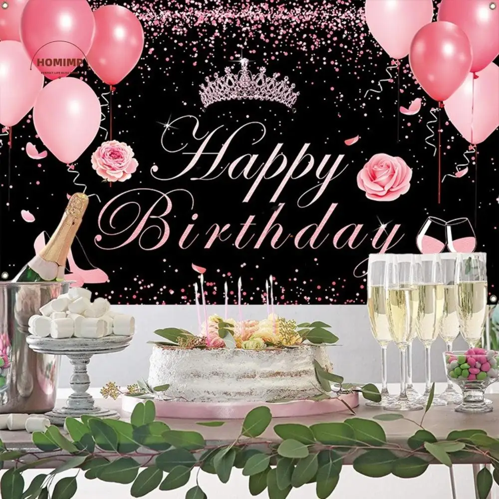 

Pink Happy Birthday Photography Backdrop Balloon Crown Polyester Birthday Party Background Celebrate Poster Photo Props