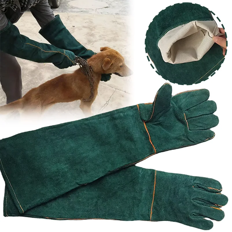 Long Thick Green Leather Anti-Bite Gloves Anti-Scratch Safety Handling Protection Gloves for Dogs Cats Reptiles