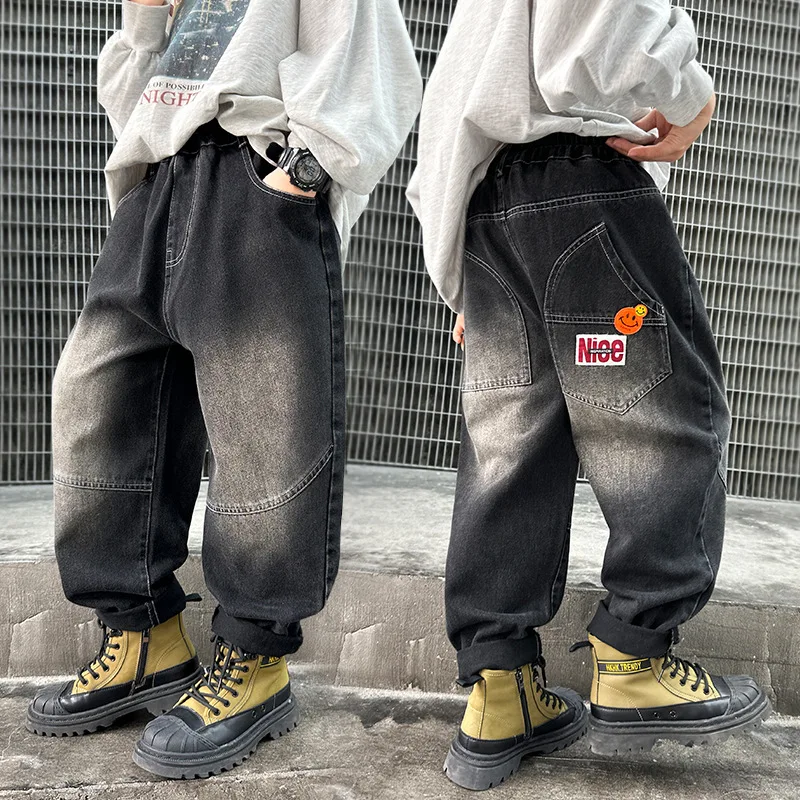 Kids Luxury New Design Gradient Jeans Pants with Back Pocket for Teenage Boy Casual Loose Straight Denim Pants Child Trousers
