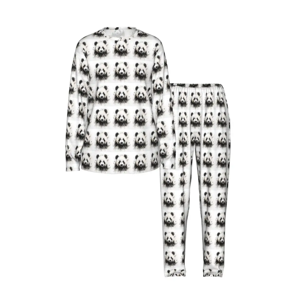 Cute Panda In White Background Round Neck Long Sleeves Nightdress for Sleeping Sleepshirts Women Loose Pajama Set Long Pants