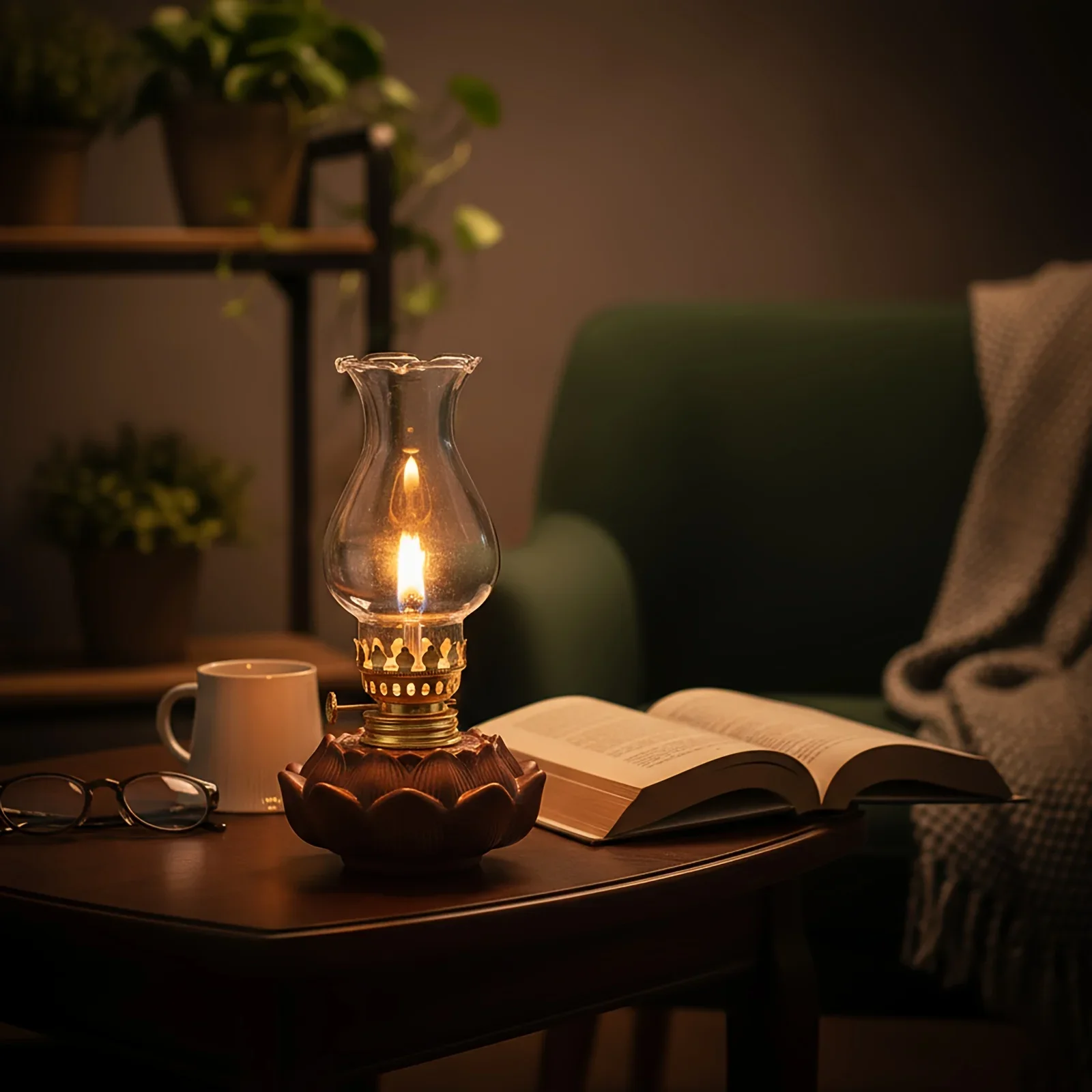 Vintage Ceramic Lotus Oil Lamp Windproof Oil Lamp with Glass Lampshade Adjustable Wick Camping Indoor and Outdoor Lighting