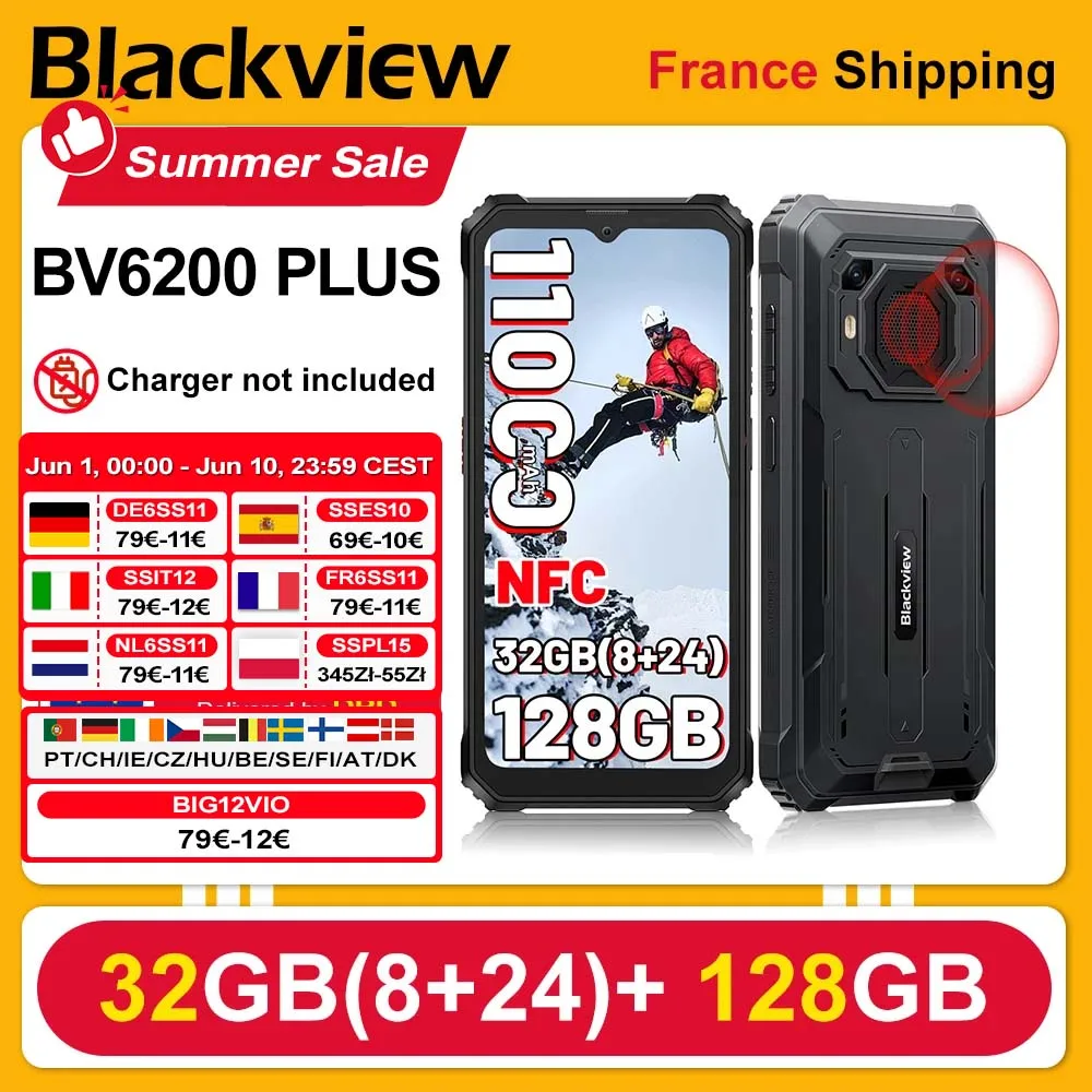 BLACKVIEW BV6200 Plus [Sans chargeur UE] Smartphone Renforcé 32Go(8+24) + 128Go 11000mAh Android 15 Téléphone mobile 6.56'' 90Hz NFC