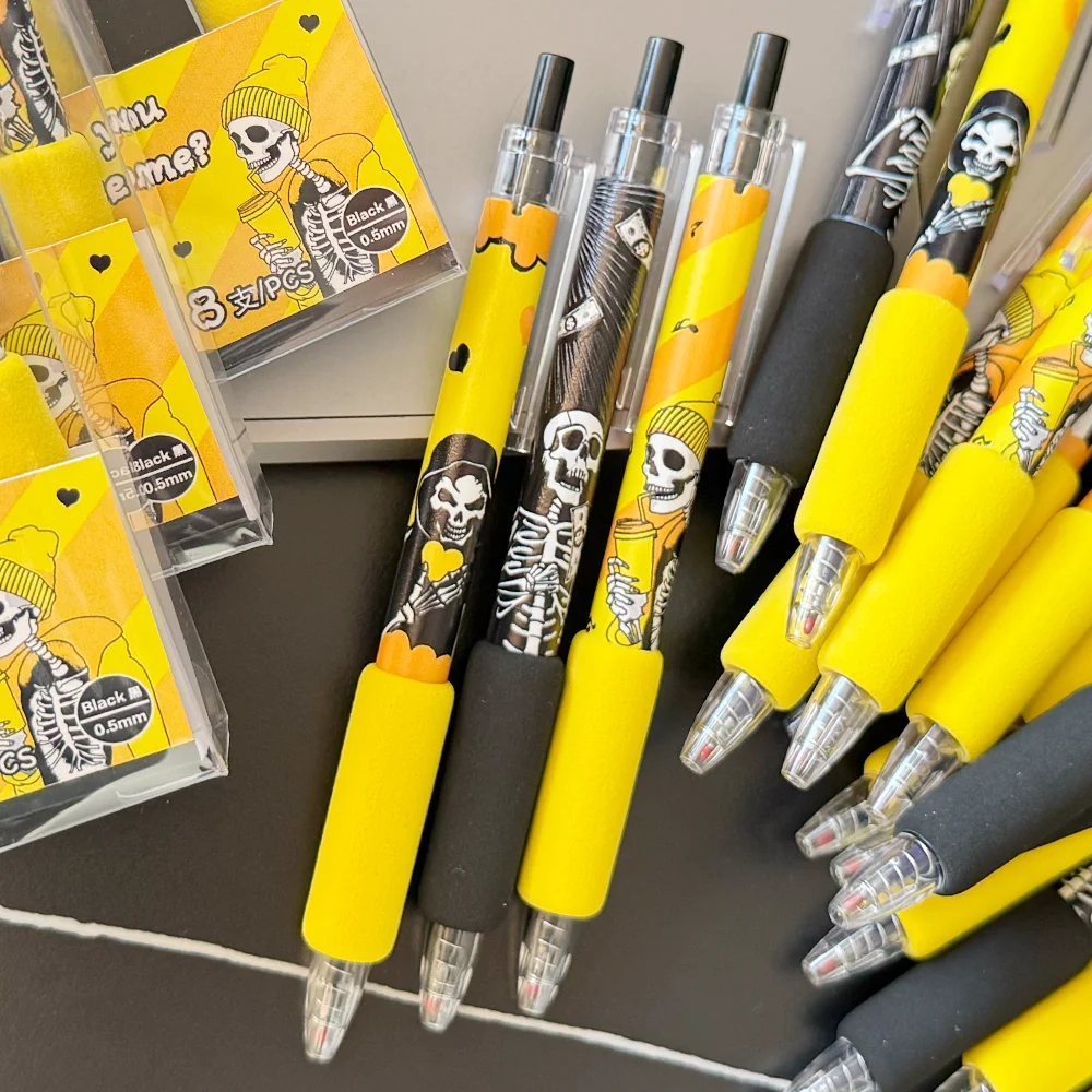 頭蓋骨デザインの格納式ジェルペン、耐水性、速乾性インク、プラスチック、2つのリフィル、超微細5mm、stペン先、3パック
