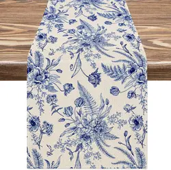 Blue White Porcelain Floral Linen Table Runner Dresser Scarves Reusable Kitchen Dining Table Runner Holiday Party Decorations