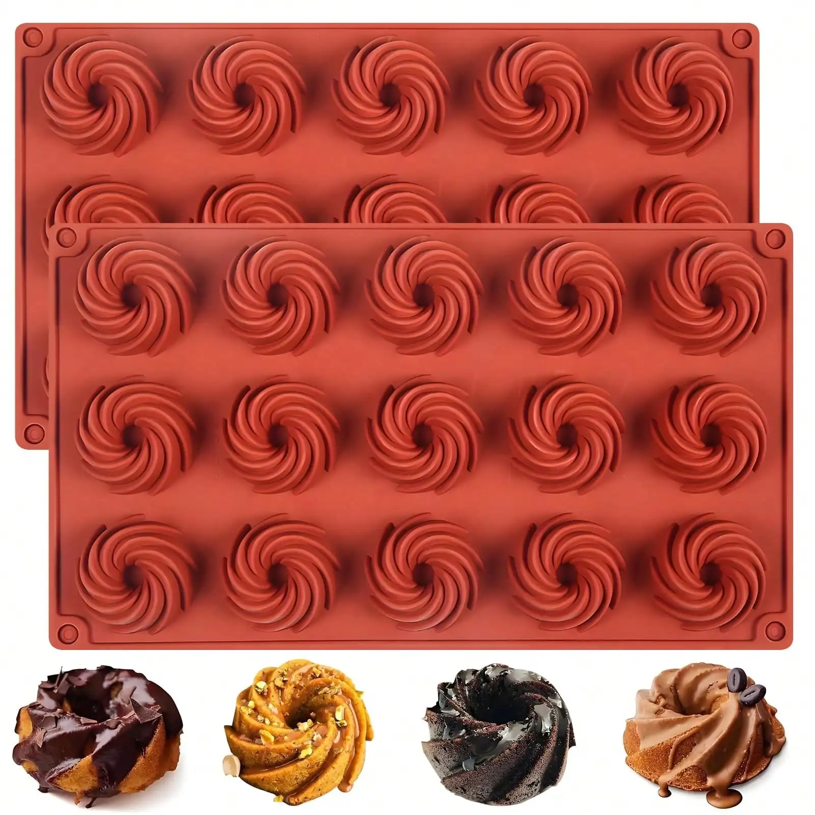 Silicone Swirl Donut Mold, 15-Cavity Mini Spiral Cake Pan, Silicone Molds, Cake Molds, Fondant, Chocolate Molds