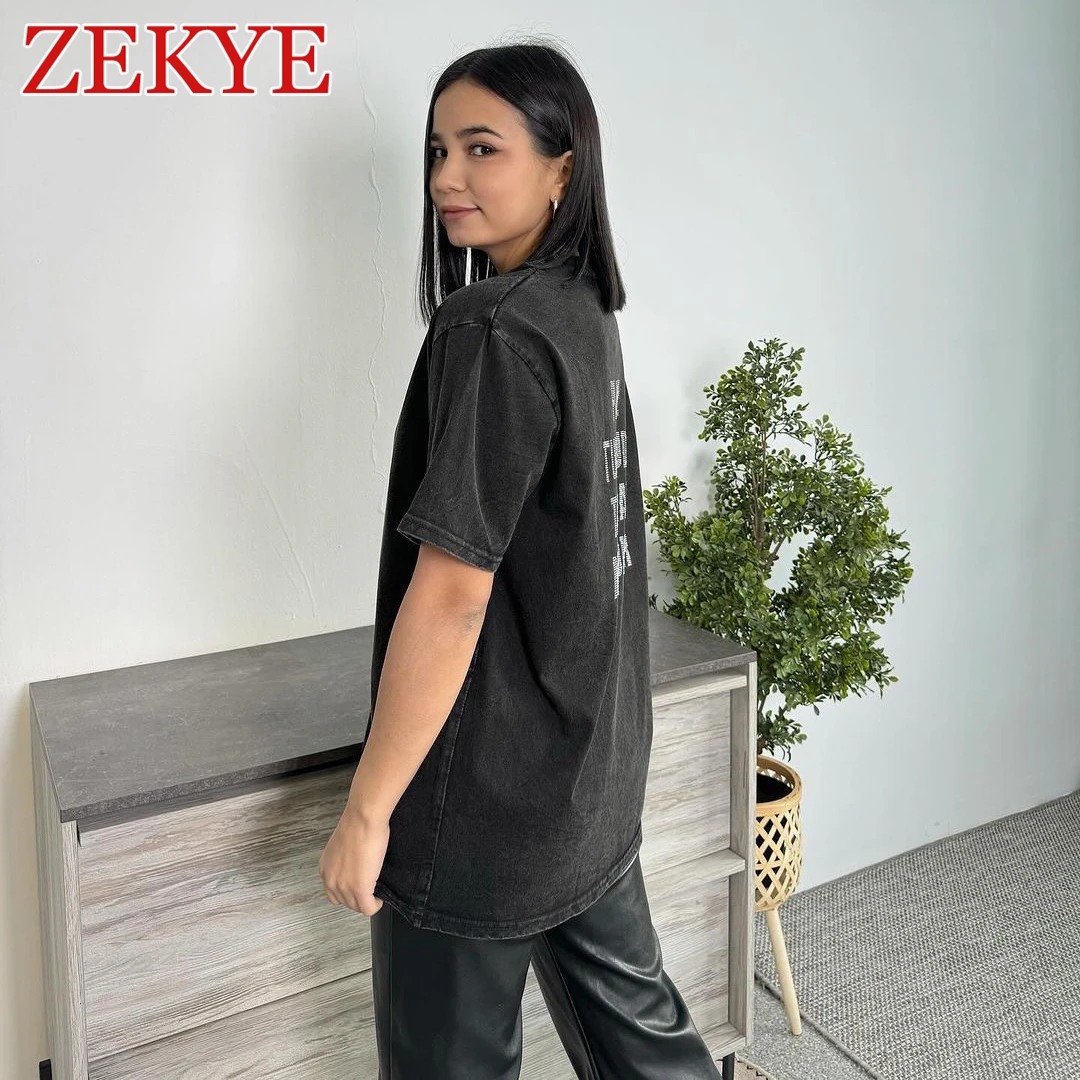 Zekye Rhinestone Casual Distressed Black T Shirt Short Sleeves Summer Vintage Fashion Harajuku Loose Tee Shirt Women Streetwear