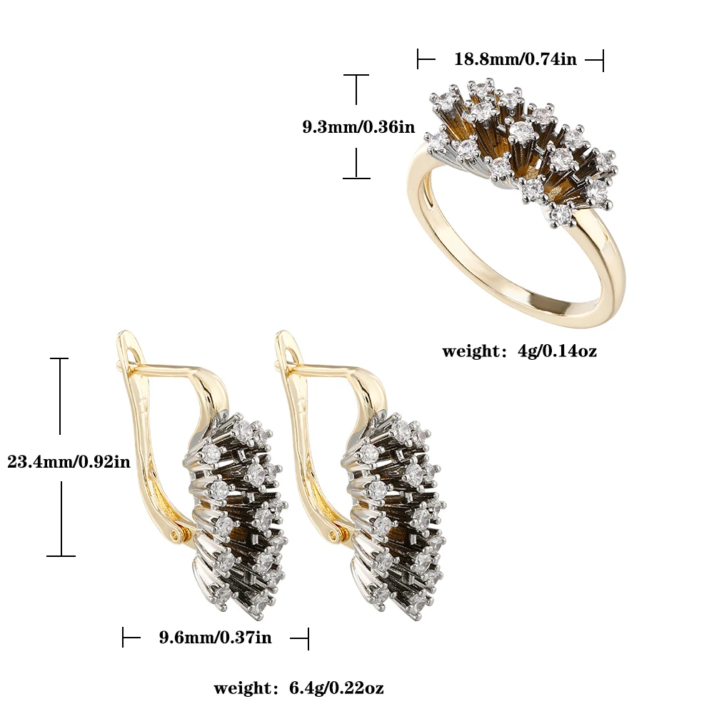 Fächerförmige radiale Reihen von Diamantohrringen und -ringen, retro zweifarbiger Modeschmuck, vielseitig für Partys und Bankette. – Detail 1