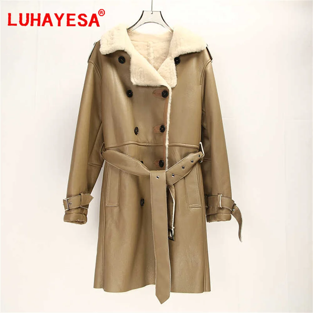 2024 Spain Merino Sheepskin Fur Coat Women Casual Long Double Breasted Winter Warm Fur Outerwear