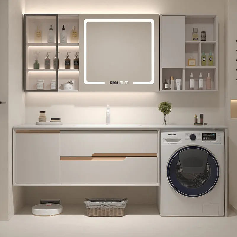 

Комбинированный шкаф для стиральной машины на балконе, встроенный шкаф, тумба для умывальника, бесшовная керамическая раковина из каменной плиты, шкаф для ванной комнаты