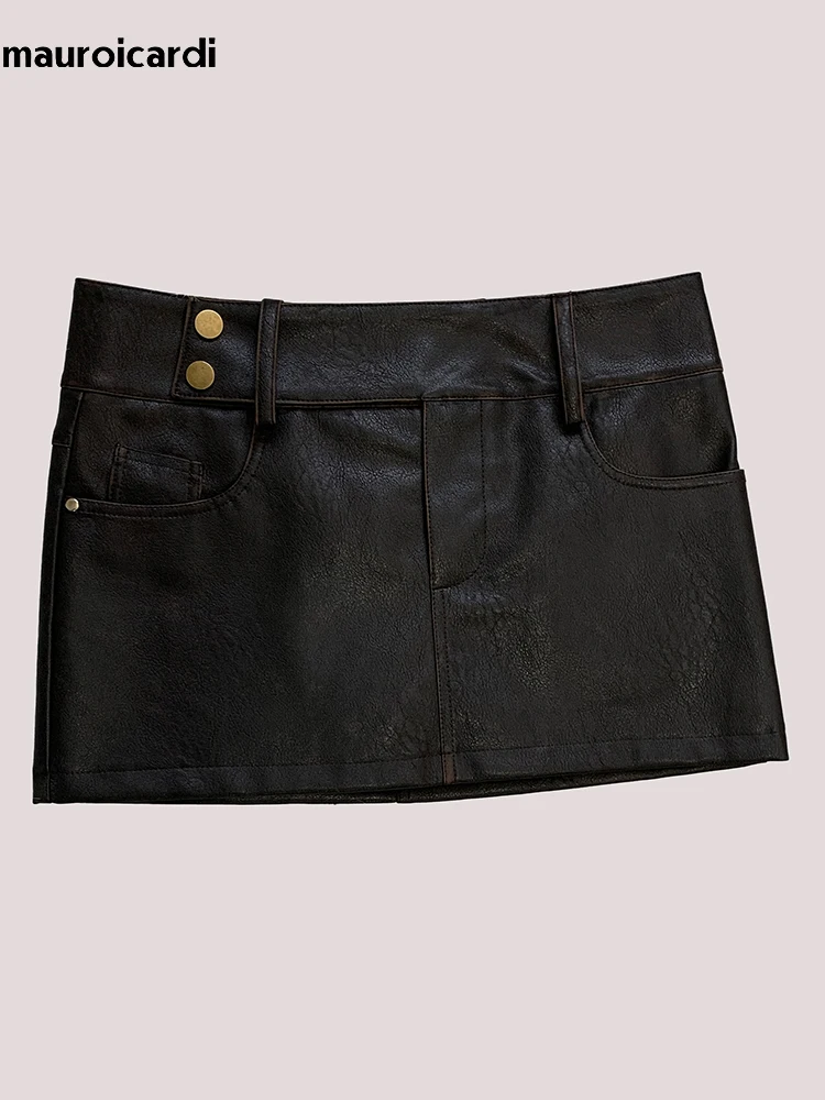 

Mauroicardi Spring Summer Sexy Retro Distressed Brown Pu Leather Mini Skirt Women Low Waist Short Luxury European Gyaru Clothes