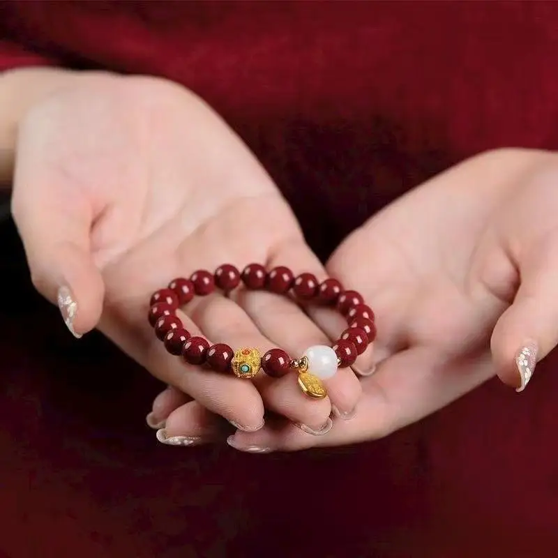 Imitation Cinnabar Beaded Bracelet White Jade Accent Lucky Fu Pendant 1/2Pcs Health Blessing Jewelry for Elder Family Members
