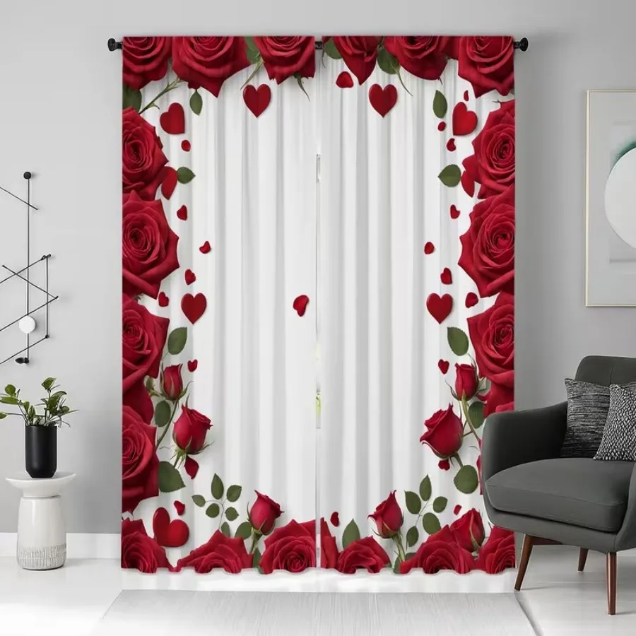 2 PCS Heart Rose Curtains, Romantic Sweet Soft Style Window Drapes for Living Room Bedroom Home Decor Polyester Rod Pocket