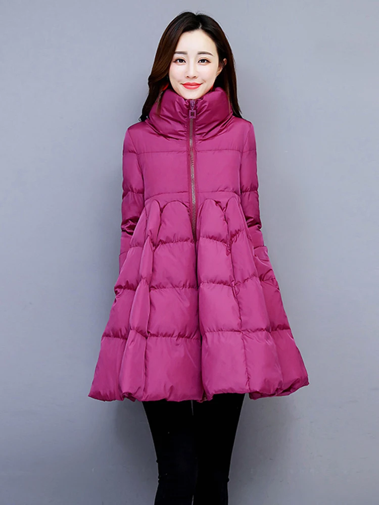 BZVW Korean Style Cotton Coat Womne's Stand Collar Zipper Design A-line Bottom Mid Length Coats 2025 Winter New Clothing 25Z1038