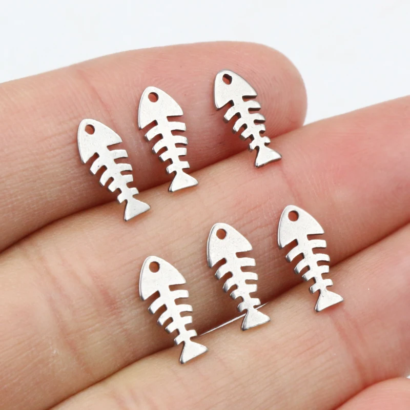 30pcs 12x5mm No Fade 316 Stainless Steel Fish Skeleton Charms Pendant for DIY Necklace Bracelet Craft Jewelry Making Findings