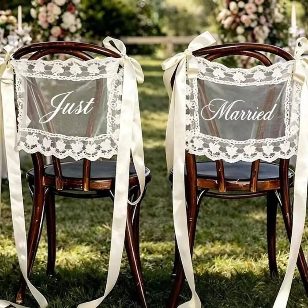 2PCS French Romantic Wedding Chair Back Lace Cover Creative Multi Purpose Strap Chair Cover Reusable Seat Decoration