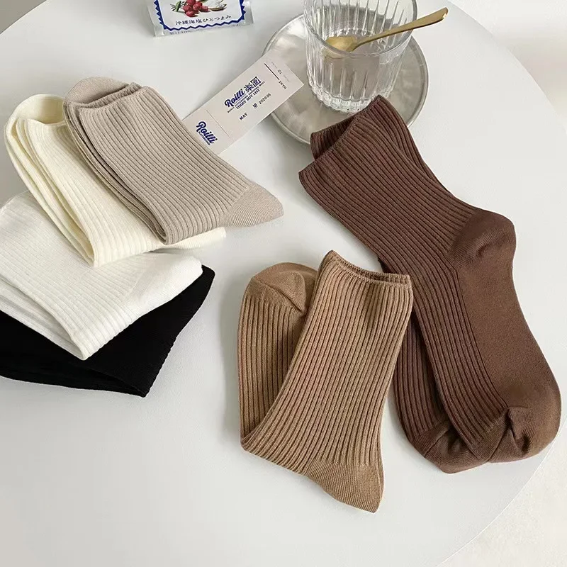 5/10 Pairs Of New Japanese Socks Set Solid Color Women\'s Casual Cotton Socks Autumn Simple Women\'s Medium Length Socks