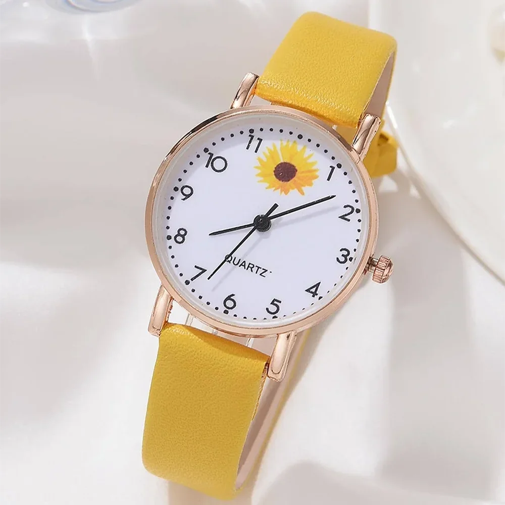 1pc Women Yellow PU Polyurethane Strap Fashionable Round Dial Quartz Watch And 5pcs Jewelry Set For Daily Life