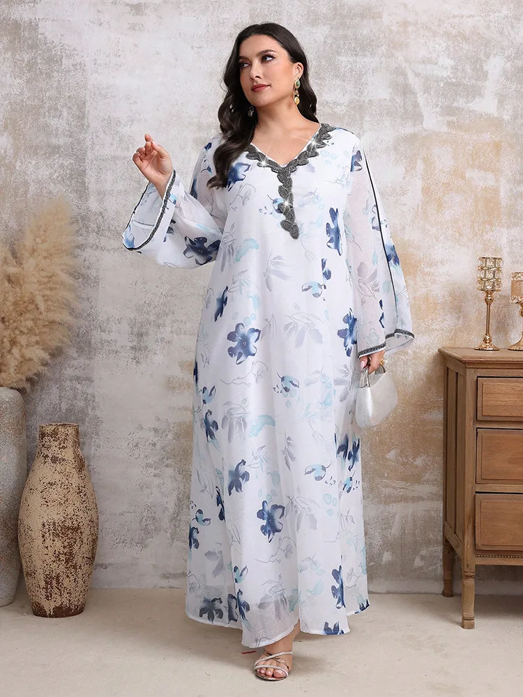 Women Plus Size Elegant Dresses Casual Loose V-Neck Print Wedding Dresses 2025 New Large Size Long Sleeve Party Dresses Kaftan