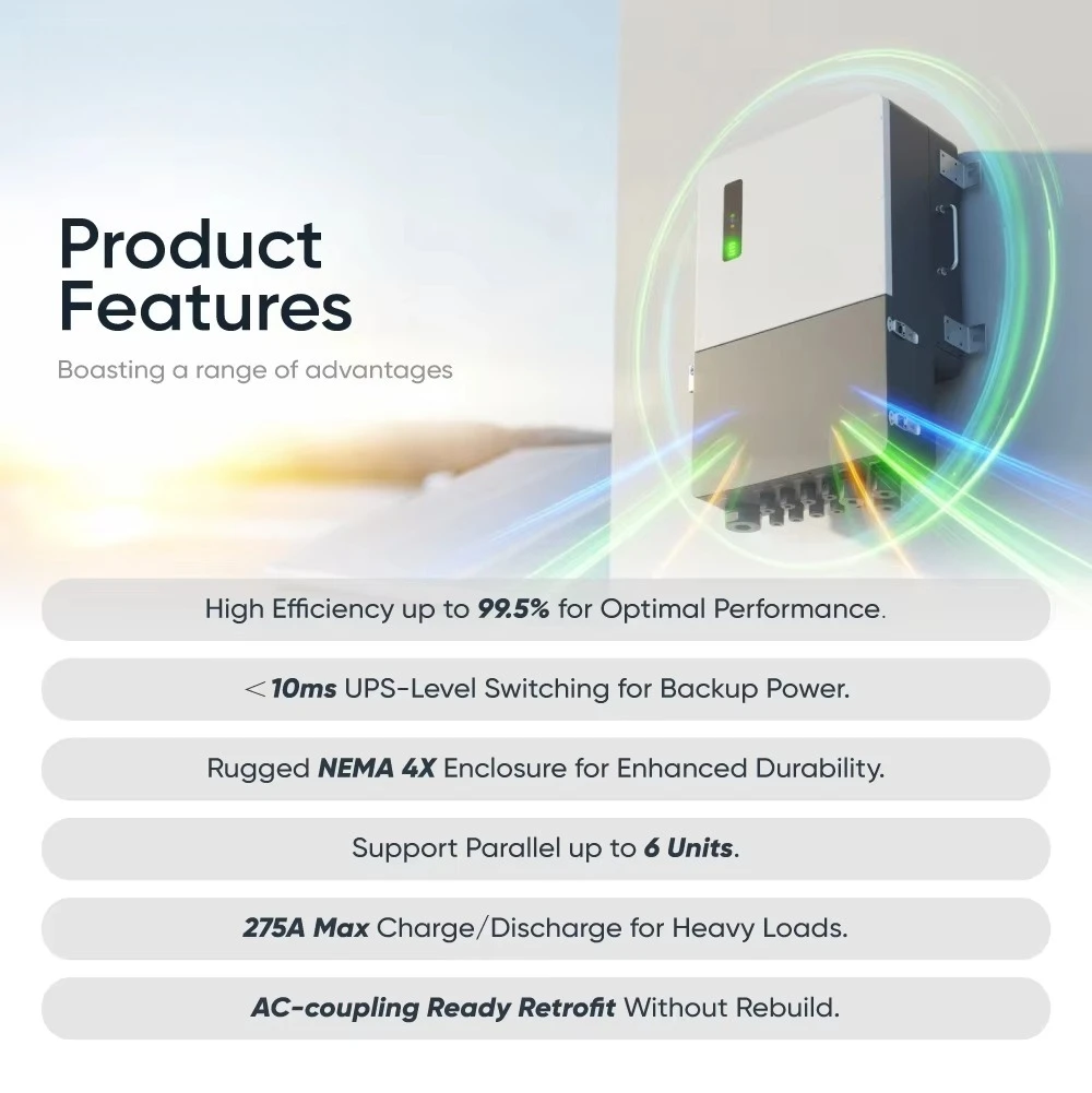 Maintenance Free 8kW 12kW 15kW Hybrid Inverter Split Phase UL Standard All in One Energy Storage System for Whole House Solar