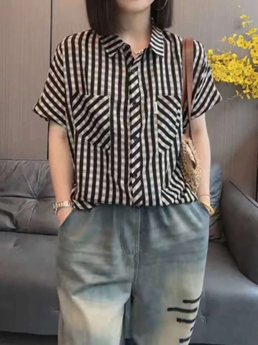 

plus Size Summer Plaid ort Sve irt Women's Loose Fit Tummy Covering Slimming Korean Sle Office Commute Unique Top